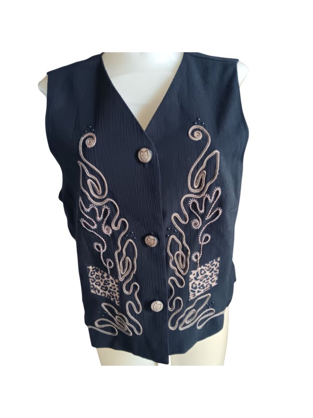 Vintage sz 8 Womens Embroidered Vest Ali Miles  Leopard Print Accents 1990's